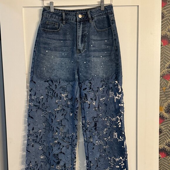 Micas Denim - Micas Unique Floral Lace Overlay Denim Jeans